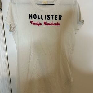 Hollister White T-Shirt with Black and Pink Text